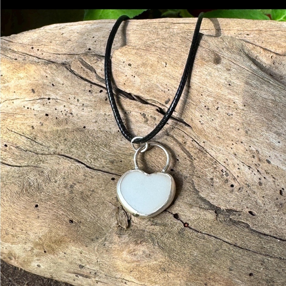 White milk heart Sea glass Handmade 995 silver soldered necklace beach boho
